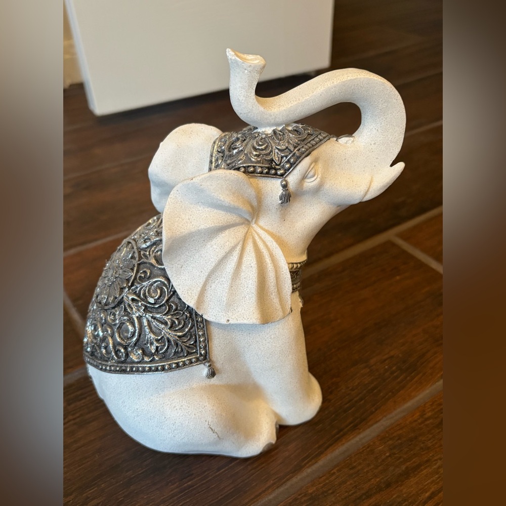 White Elephant Figurine with Silver Accents